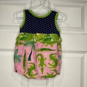 RuffleButts Crocodile Palm Tree Pink Bubble‎ Romper Girls Size 6-9 Months